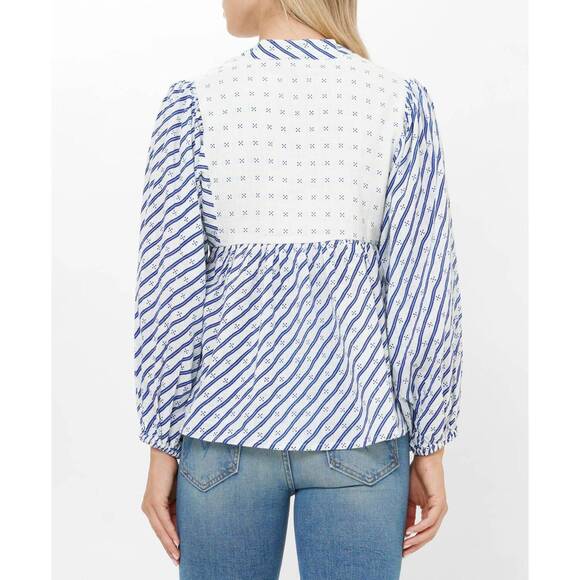 NEW OLIPHANT puff sleeve mandarin balloon top in blue stripe - Picture 2 of 4